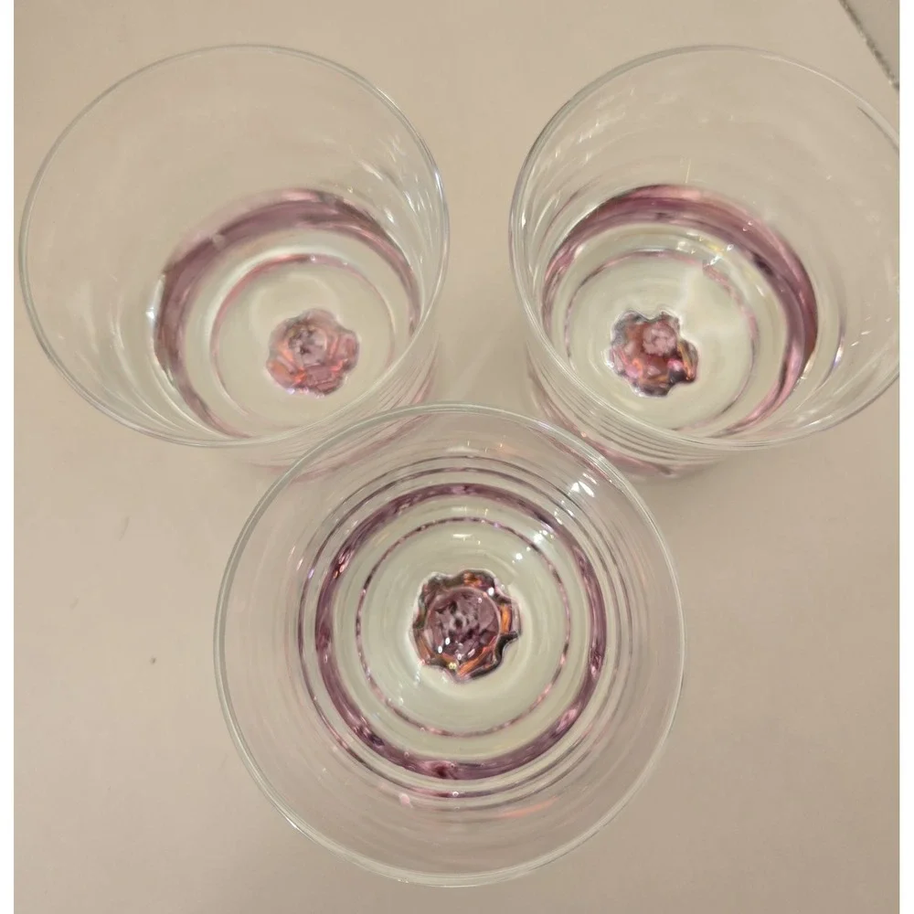 Vintage Glasses 3 Low Ball Whiskey 3D With Wild Rose Cut And Stained Effect‎